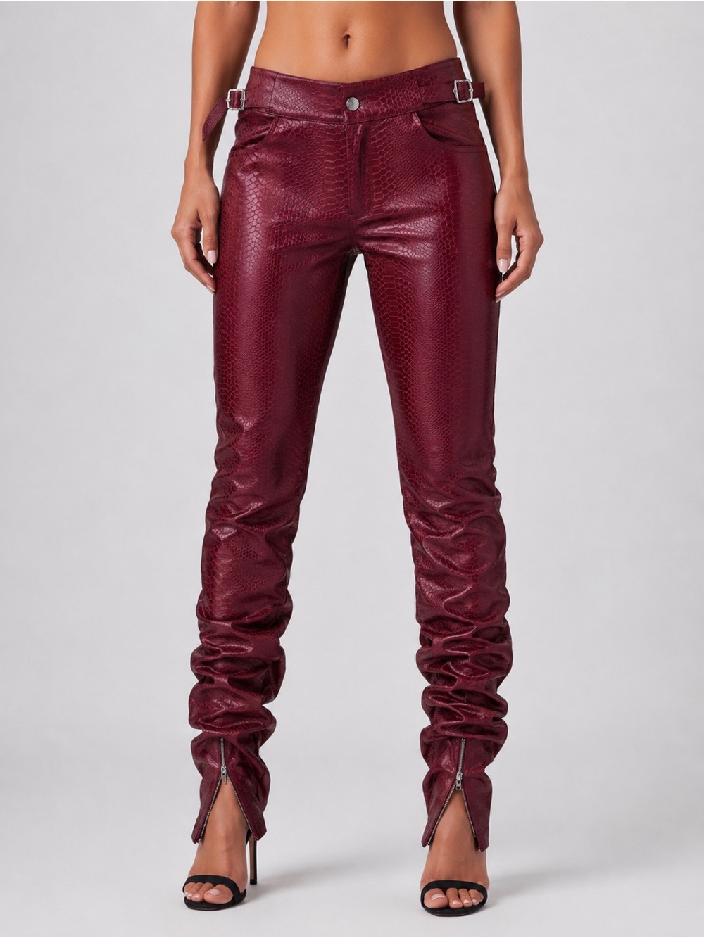 AKIRA Red Snakeskin Ruched Stacked Pants Ankle Zipper Buckle Size S